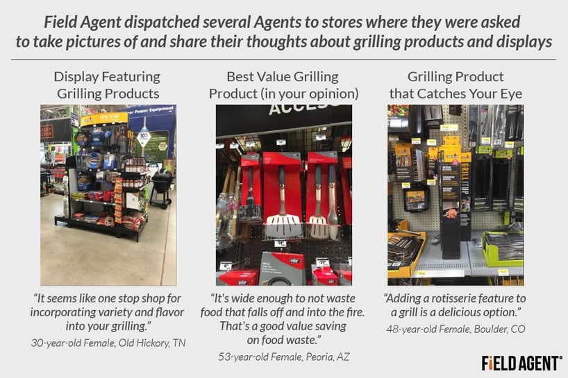 Field agent dispatched several Agents to stores where they were asked to take pictires of and share their thoughts about grilling products and displays [AGENT PHOTOS]