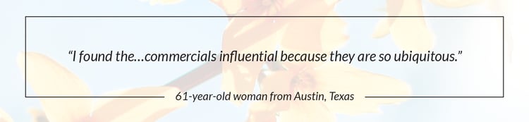 "I found the...commercials influential because they are so ubiquitous." - 61 year-old women from Austin, Texas 