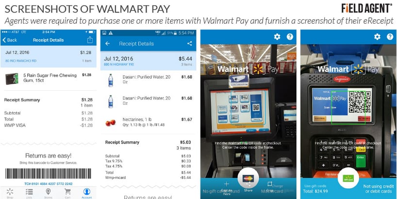 Walmart Pay App Screenshots: Agents were required to purchase one or more items with Walmart Pay and furnish a screenshot of their eReceipt