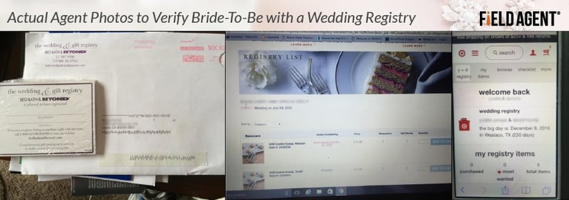Actual Agent photos to verify Bride-to-be with a Wedding Registry