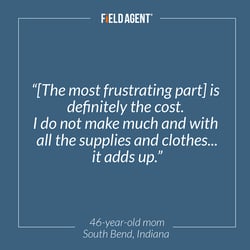 "[The most frustrating part] is definitely the cost. I do not make much and with all the supplies and clothes...it adds up." - 46 year-old mom, South Bend, Indiana 