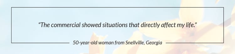 "The commercial showed situations that directly affect my life." - 50 year-old from Snellville, Georgia 