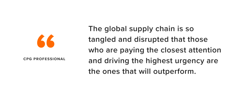 Quote from a CPG professional: "The global supply chain is so tangled and disrupted that those who are paying the closest attention and driving the highest urgency are the ones that will outperform."